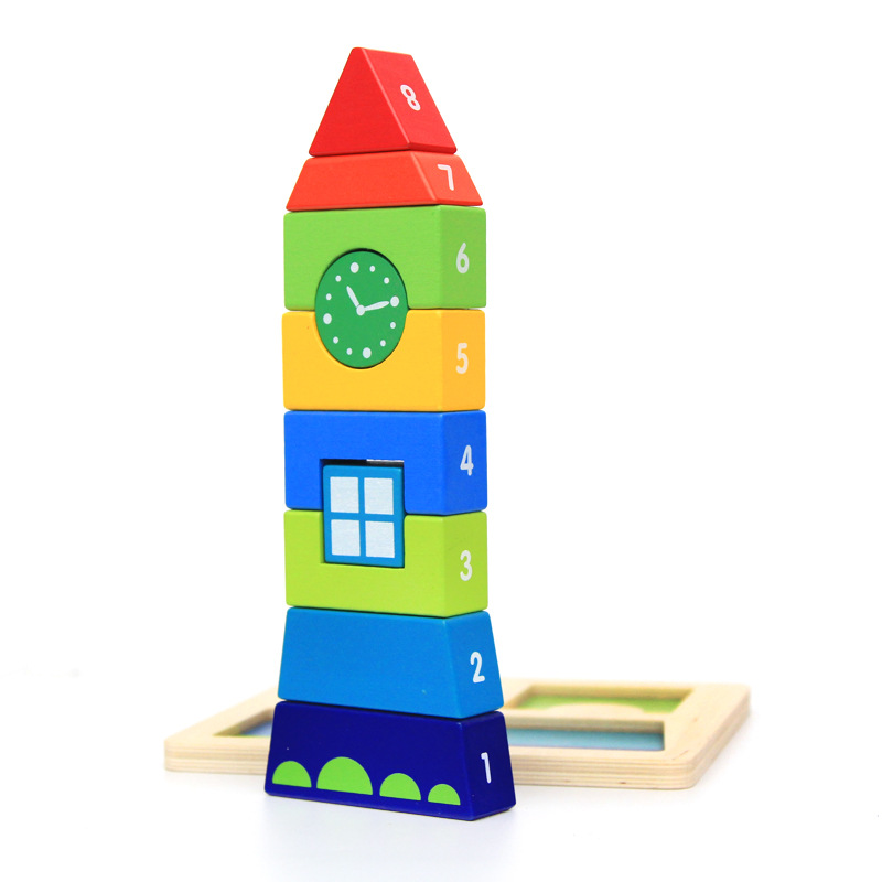 Tianqi Wooden DIY Building Blocks Clock Tower Infant and Child Cognition Puzzle Blocks 1-3 Years Old Early Childhood Educational Toys