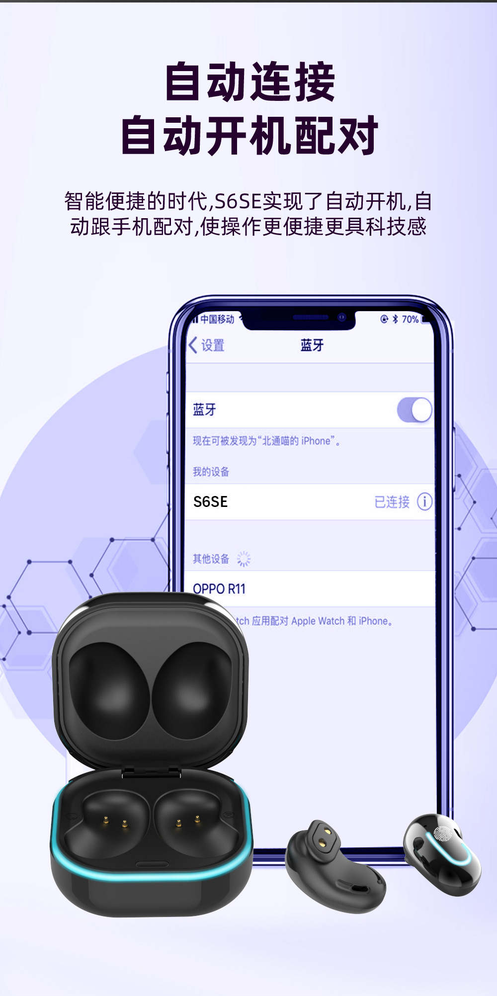 S6 Se Private Model New TWS Breathing Light Clock Digital Display Wireless Binaural Touch 5.0 Bluetooth Headset