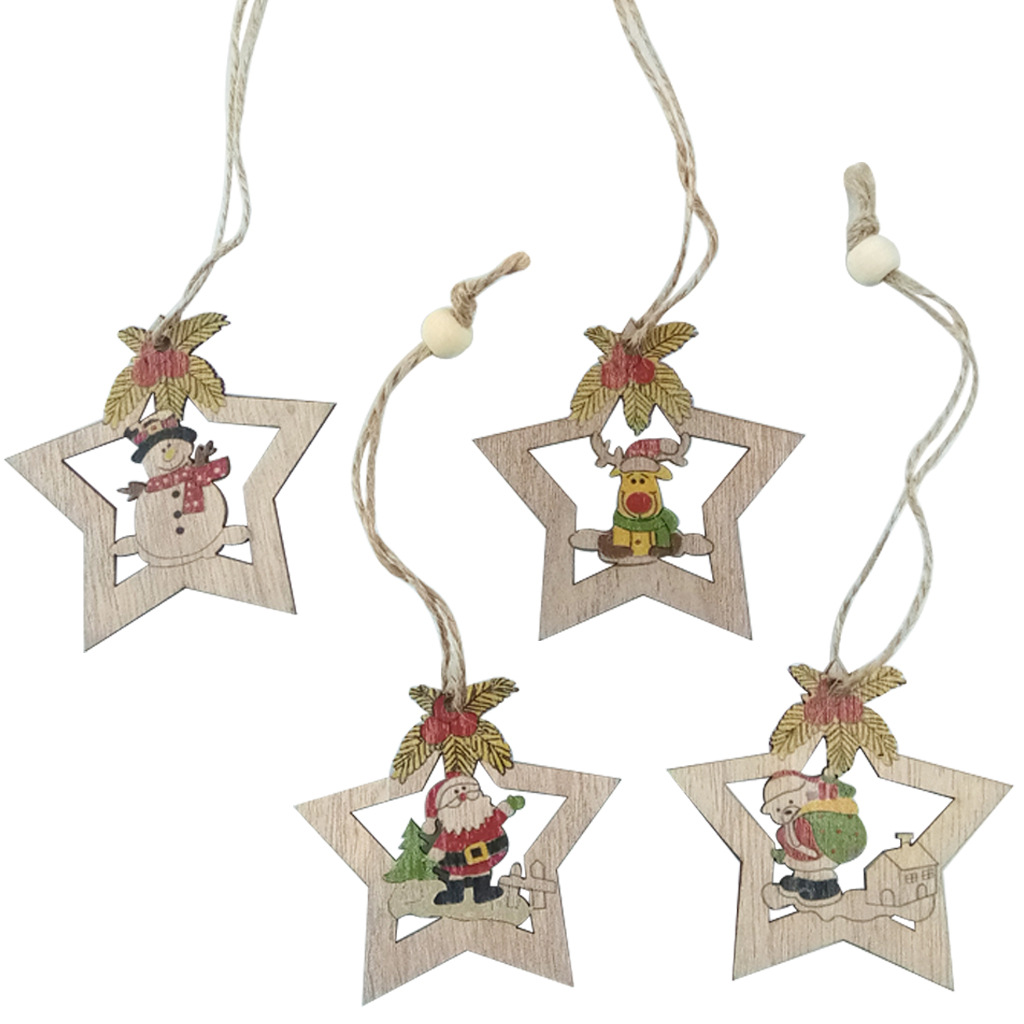 Wooden Christmas Five-Pointed Star Clock Hollow Old Snowman Deer Bear Christmas Tree Decorations Small Pendant Crafts