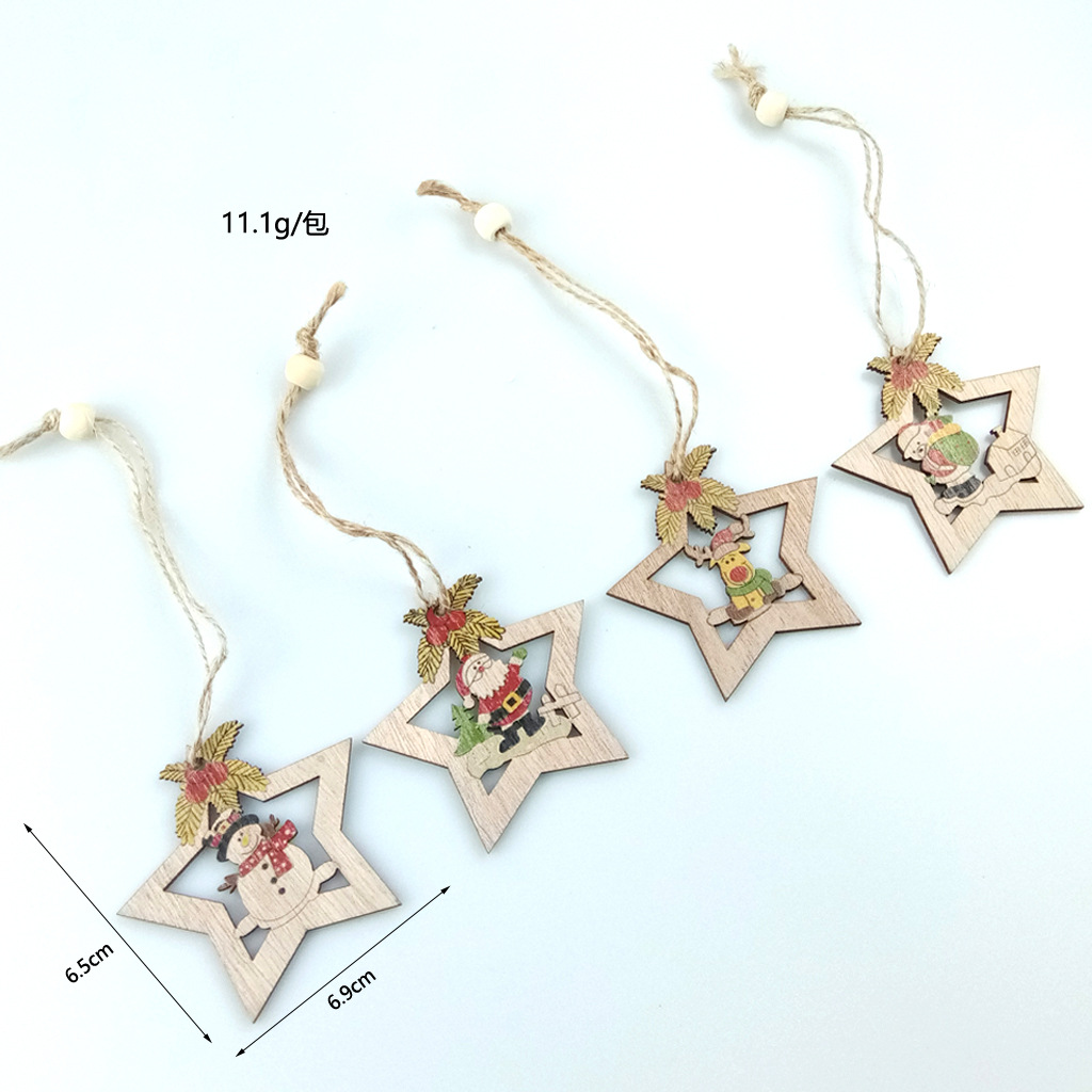 Wooden Christmas Five-Pointed Star Clock Hollow Old Snowman Deer Bear Christmas Tree Decorations Small Pendant Crafts