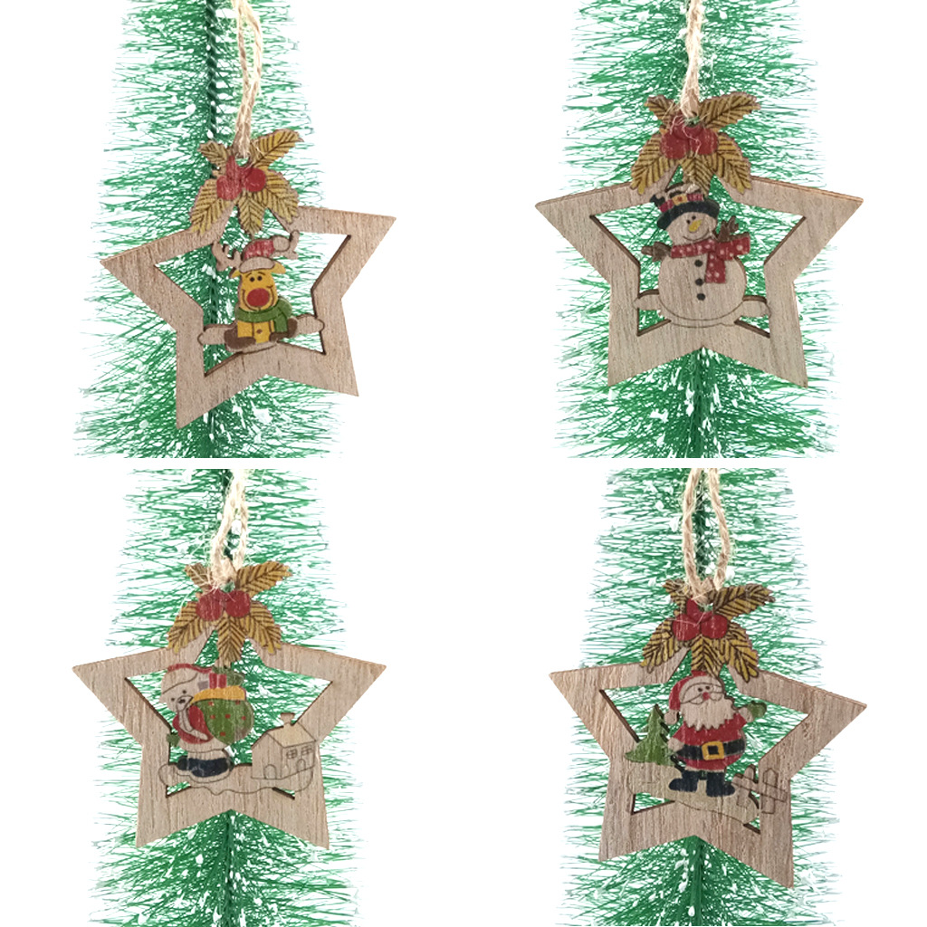 Wooden Christmas Five-Pointed Star Clock Hollow Old Snowman Deer Bear Christmas Tree Decorations Small Pendant Crafts