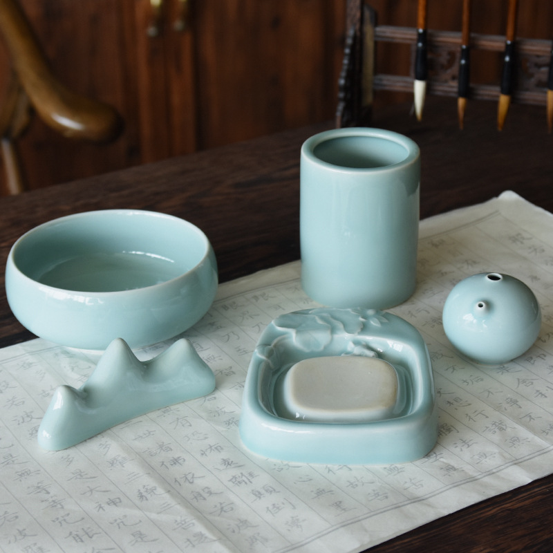 Longquan Celadon Four Treasures of Study Set Calligraphy Writing-Brush Washer Chopsticks Table Pen Holder Chinese Brush Pen Holder Student Adult Writing Brush Entry Wholesale