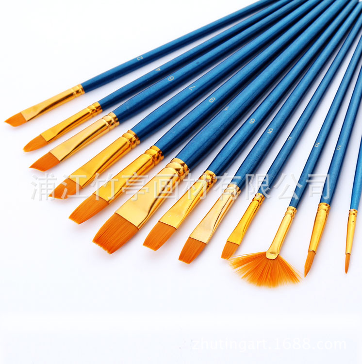 Amazon Hot Sale 12 Pieces Blue Rod Nylon Writing Brush Set Watercolor Brush Wood Dry Brush Art Painting Supplies