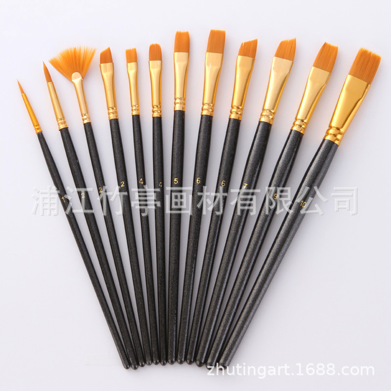 Amazon Hot Sale 12 Pieces Blue Rod Nylon Writing Brush Set Watercolor Brush Wood Dry Brush Art Painting Supplies