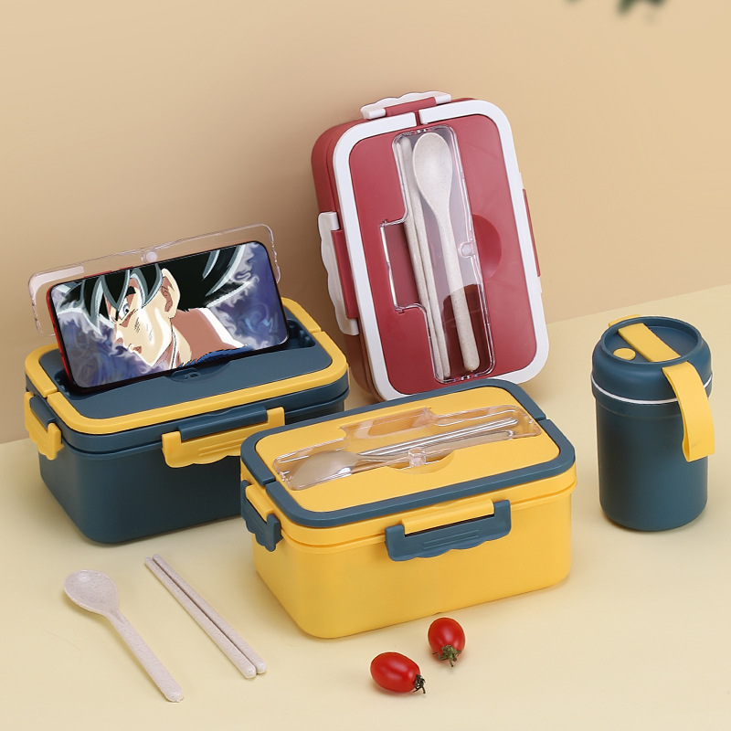 Bento Lunch Box Microwaveable Heating Fresh-Keeping Separated Bento Student with Cover Lunch Box with Stainless Steel Tableware