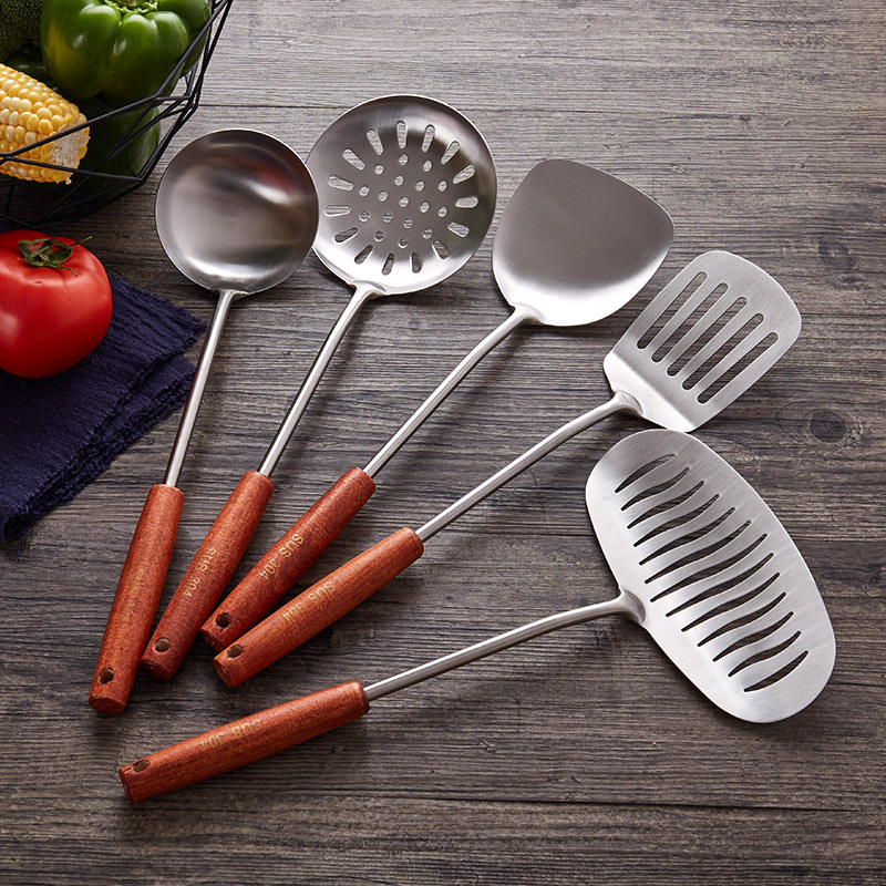 304 Stainless Steel Heat Resistant Red Wood Handle Spatula Slotted Turner Colander Soup Spoon Household Kitchenware 