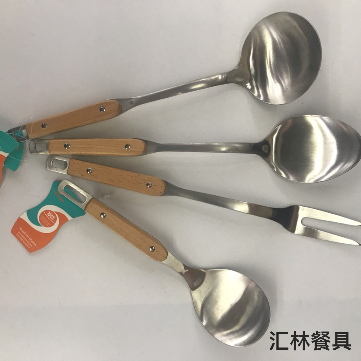 Stainless Steel Kitchenware Wholesale Double Stand Wooden Handle Sanding Soup Colander Spatula Long Tongue Spoon Short Rice Spoon Customizable Logo