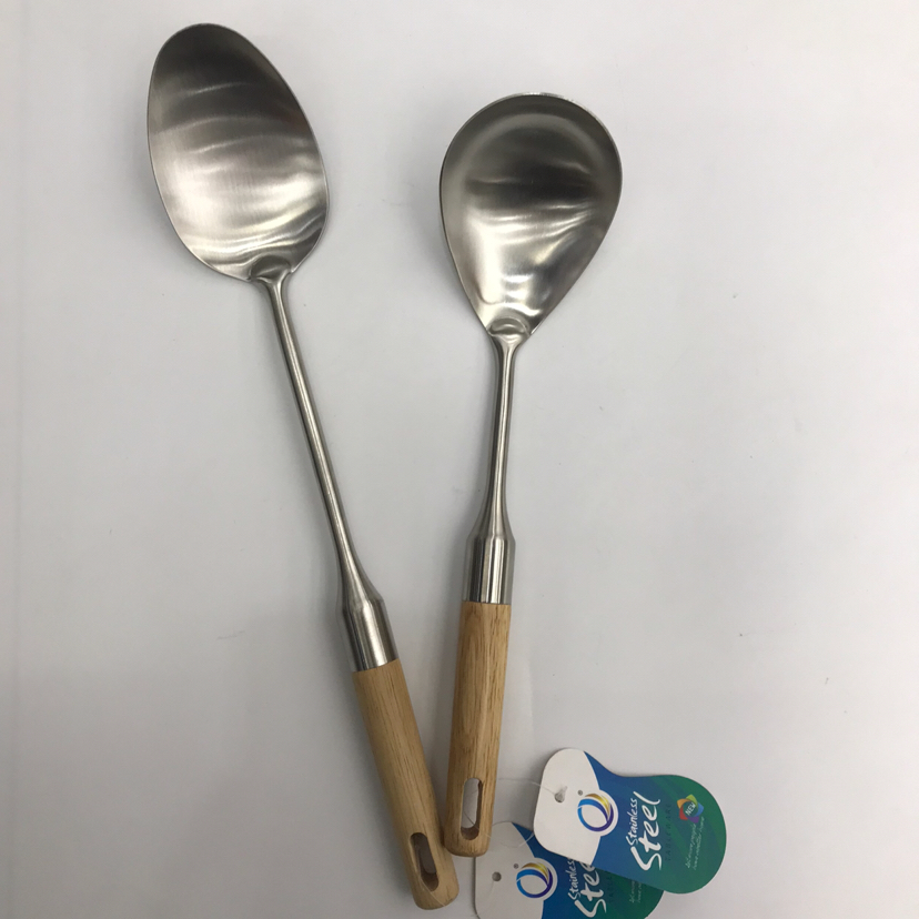 201 Stainless Steel Kitchenware Double Stand Wooden Handle Porridge Colander Spatula Long Tongue Chopsticks Short Rice Spoon Customizable Logo 201 Stainless Steel Kitchenware Double Stand Wooden Handle Porridge Colander Spatula Long Tongue Chopsticks Short Rice Spoon Customizable Logo