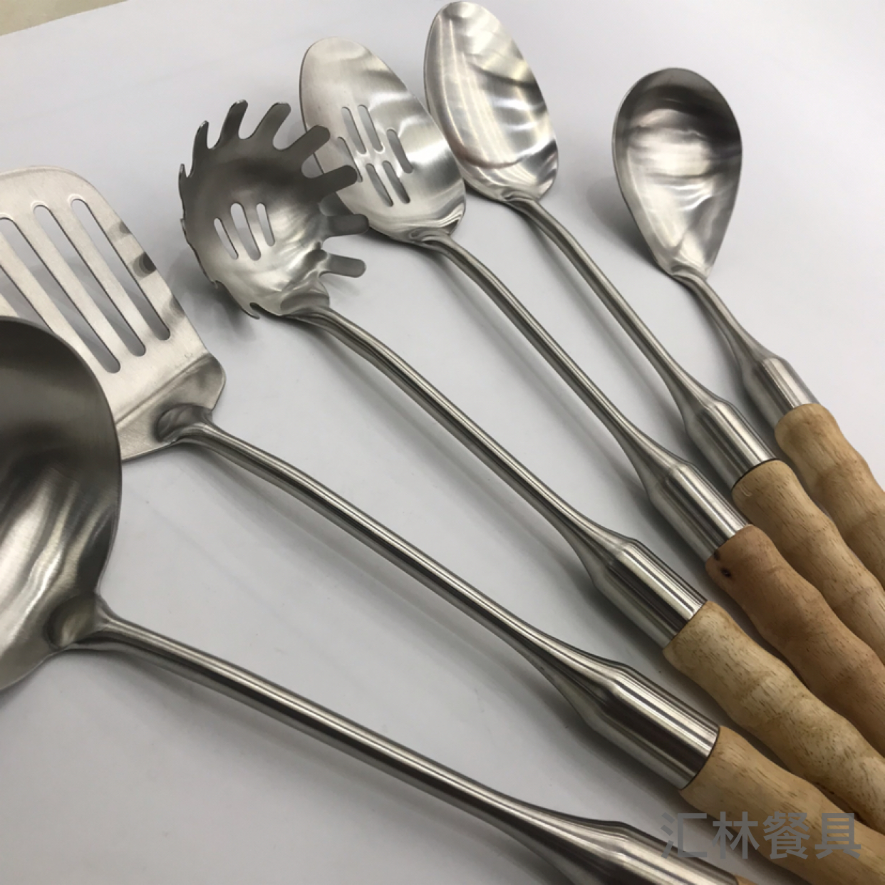 201 Stainless Steel Kitchenware Bamboo Wooden Handle Double Stand Porridge Colander Spatula Long Tongue Drain Short Rice Spoon Can Be Customized