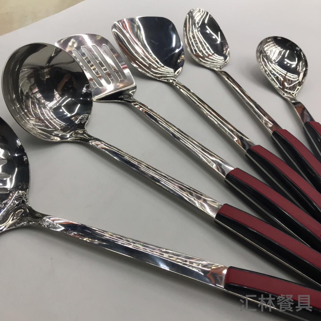 201 Stainless Steel Kitchenware Black and Red Square Hole Porridge Colander Spatula Long Tongue Drain Short Rice Spoon Customizable Logo