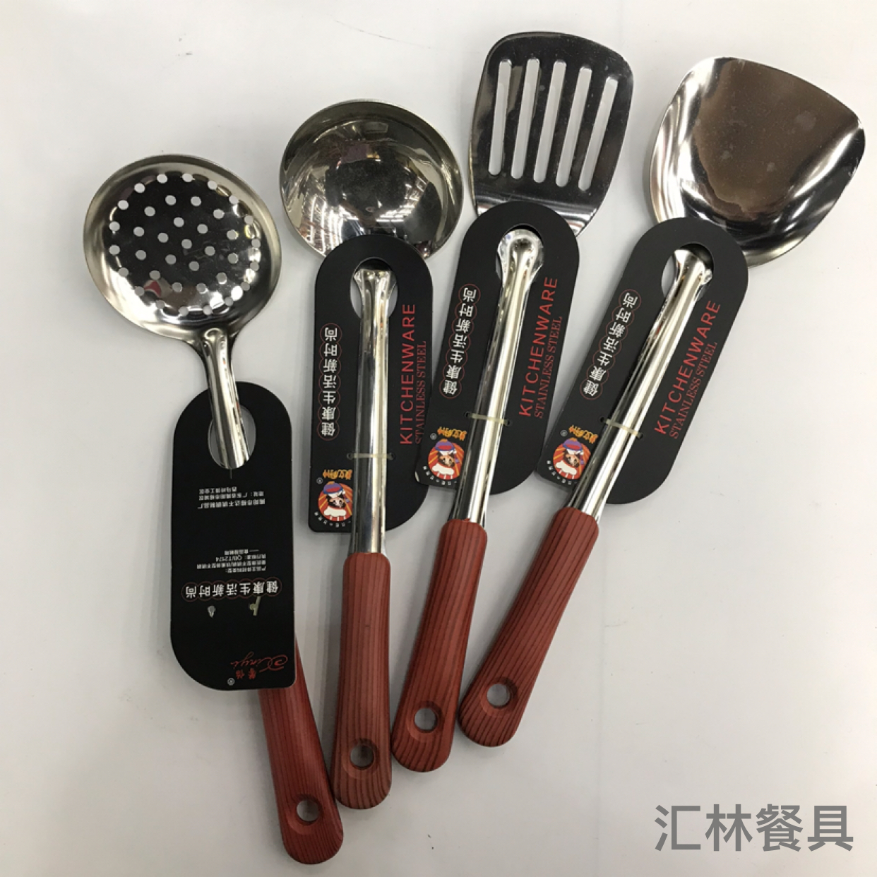 Stainless Steel Kitchenware 1.5cm Non-Magnetic Wood Grain round Head Handle Anti-Scald Porridge Colander Spatula Flat Shovel Long Tongue Spoon