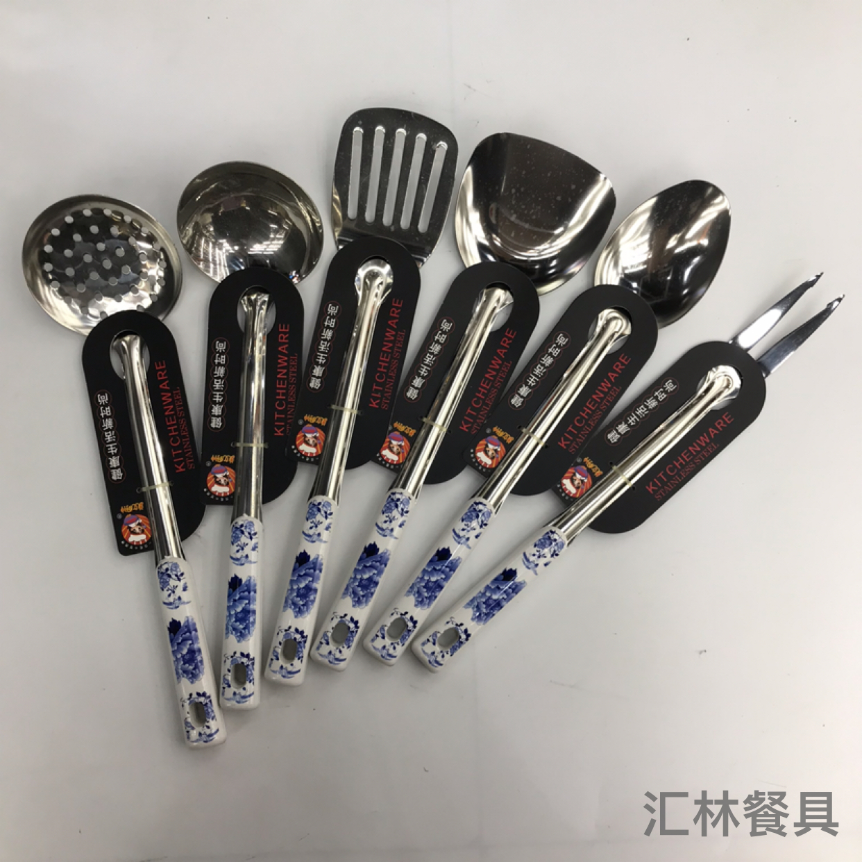 Stainless Steel Kitchenware 1.5cm Non-Magnetic Blue and White Porcelain Handle Anti-Scald Porridge Colander Spatula Flat Shovel Long Tongue Spoon Can Be Customized