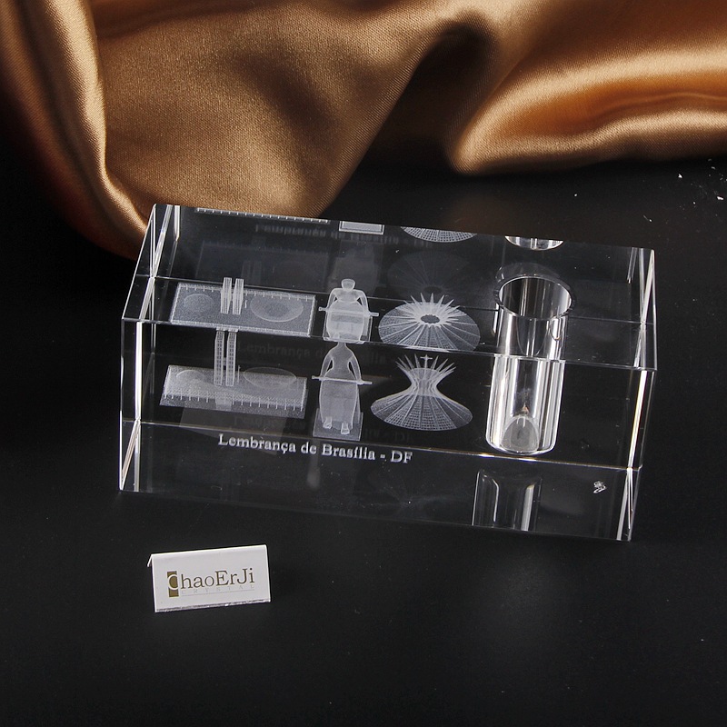Customized crystal cube 3 d laser internal carving crafts decoration office school supplies with pen inserted souvenirs