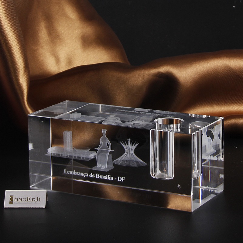 Customized crystal cube 3 d laser internal carving crafts decoration office school supplies with pen inserted souvenirs