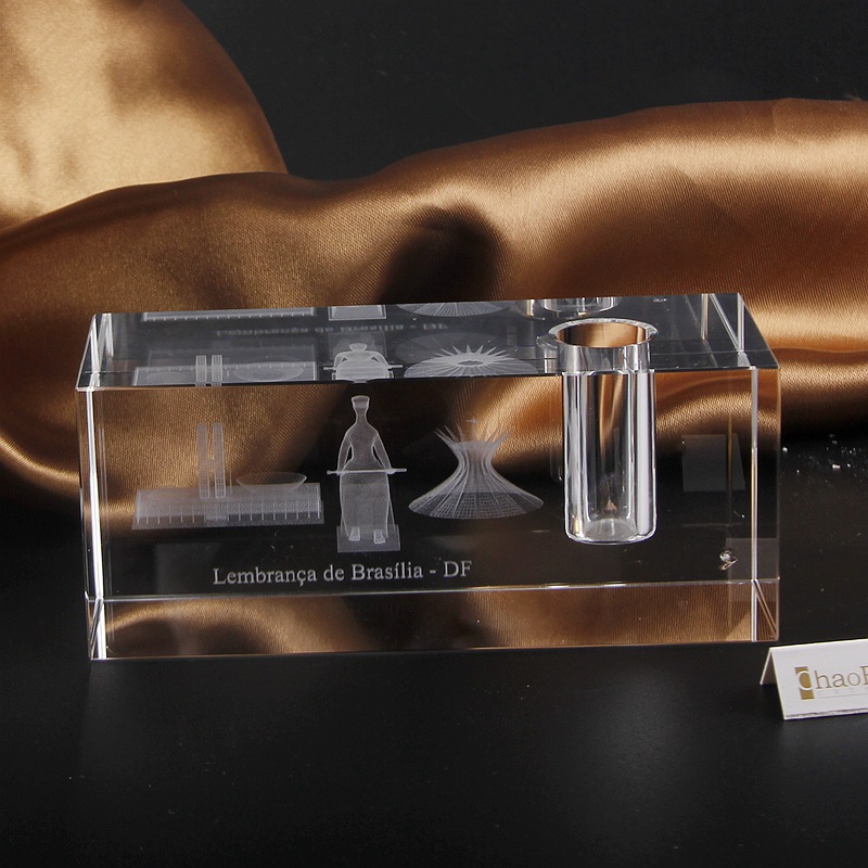 Customized crystal cube 3 d laser internal carving crafts decoration office school supplies with pen inserted souvenirs