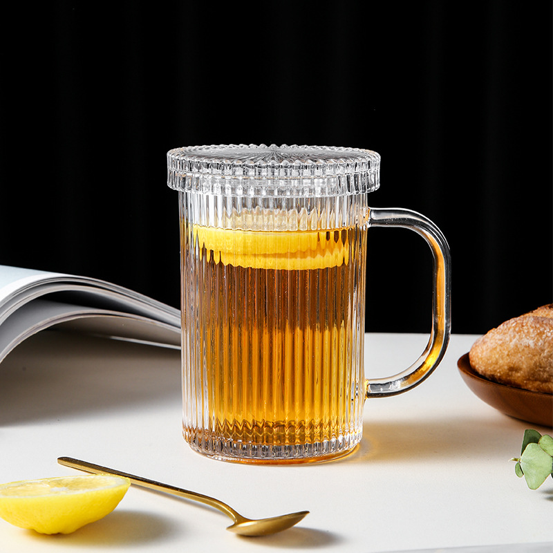 Lvdian Modern Minimalist Striped Glass Mug Household Clear with Cover Glass Cup Tea Cup Juice Cup