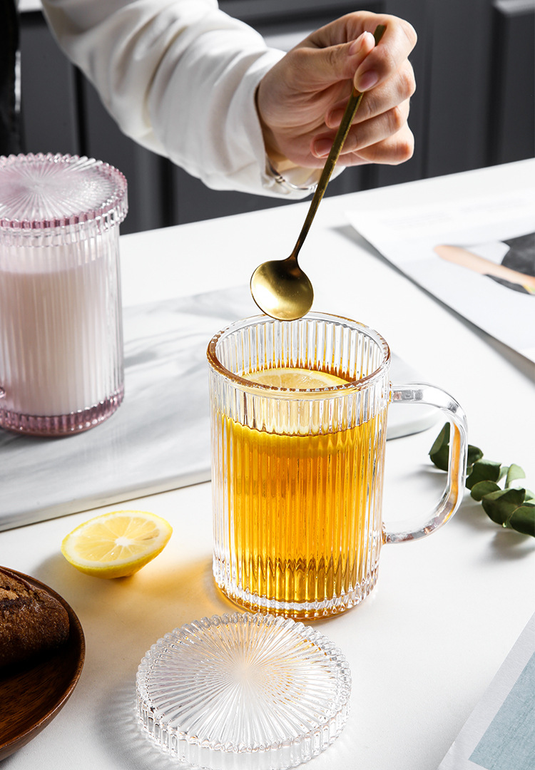 Lvdian Modern Minimalist Striped Glass Mug Household Clear with Cover Glass Cup Tea Cup Juice Cup