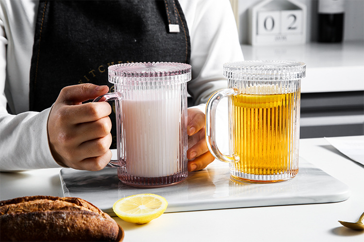 Lvdian Modern Minimalist Striped Glass Mug Household Clear with Cover Glass Cup Tea Cup Juice Cup