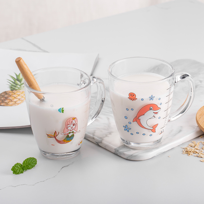 Household Children&#039;s Milk Cup Milk Powder Covered Handle Breakfast Transparent Straw Glass Cup Microwaveable Heating