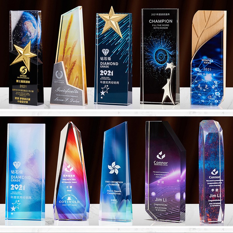 New Crystal Trophy Customized Beech Wooden Trophy Customized Resin Color Printing Wholesale Glass Gifts &amp; Crafts