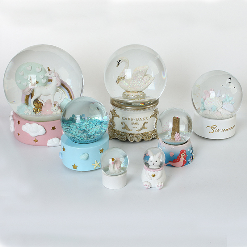 Resin Crafts Cartoon Music Box Water Ball Decoration Creative Unicorn Swan Crystal Ball with Lamp Factory Customization