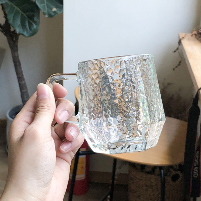 Transparent Glass Cup Creative Flower Tea Cup Cold Drink Milk Juice Coffee Cup Household with Handle Cup Office Water Cup