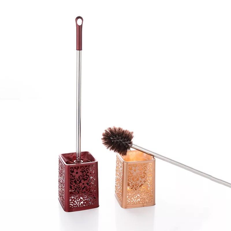 Creative stainless steel long handle hollow pattern with base toilet brush set toilet cleaning bristle brush