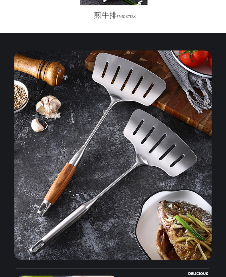 304 Stainless Steel Fish Frying Artifact Fried Fish Spatula Flip Fish Shovel Fried Egg Pancake Maker Shovel Slotted Turner Household Kitchenware Creative