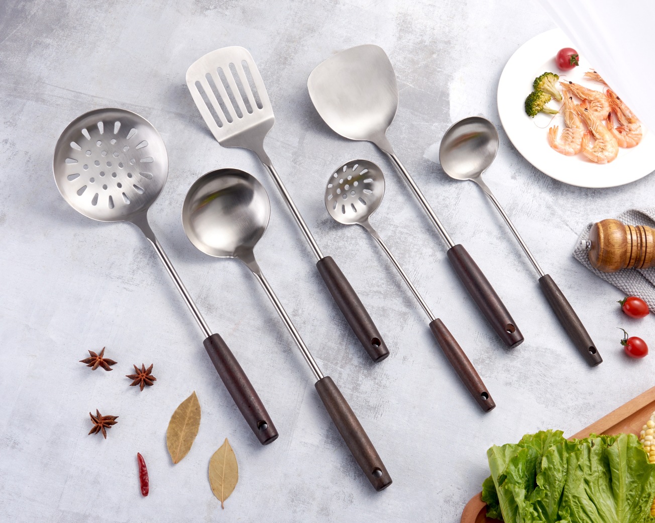 Stall Hot Sale Household Stainless Steel Spatula Kitchenware Set Beech Handle Spatula Colander Spatula Soup Spoon Slotted Turner Hot Pot