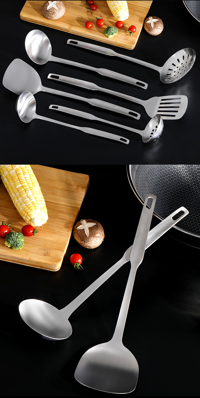 Kitchen Tools Thickened Stainless Steel Frying Spatula Soup Spoon and Strainer 360 Rotating Rack Cooking Cookware