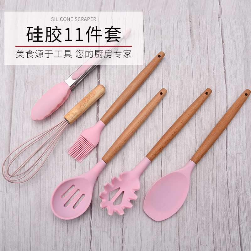 Factory Direct Supply Household Wooden Handle Silicone Kitchenware 11-Piece Kitchen Anti-Scald Spatula for Non-Stick Pan Set Soup Spoon Strainer