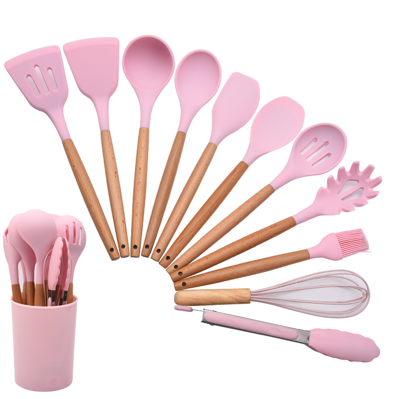 Factory Direct Supply Household Wooden Handle Silicone Kitchenware 11-Piece Kitchen Anti-Scald Spatula for Non-Stick Pan Set Soup Spoon Strainer