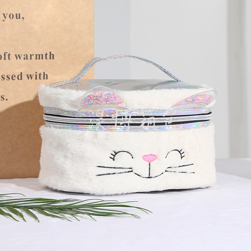 New Cat Plush Embroidery Cosmetic Bag Large Capacity Wash Bag Portable Cosmetic Finishing Storage Bag