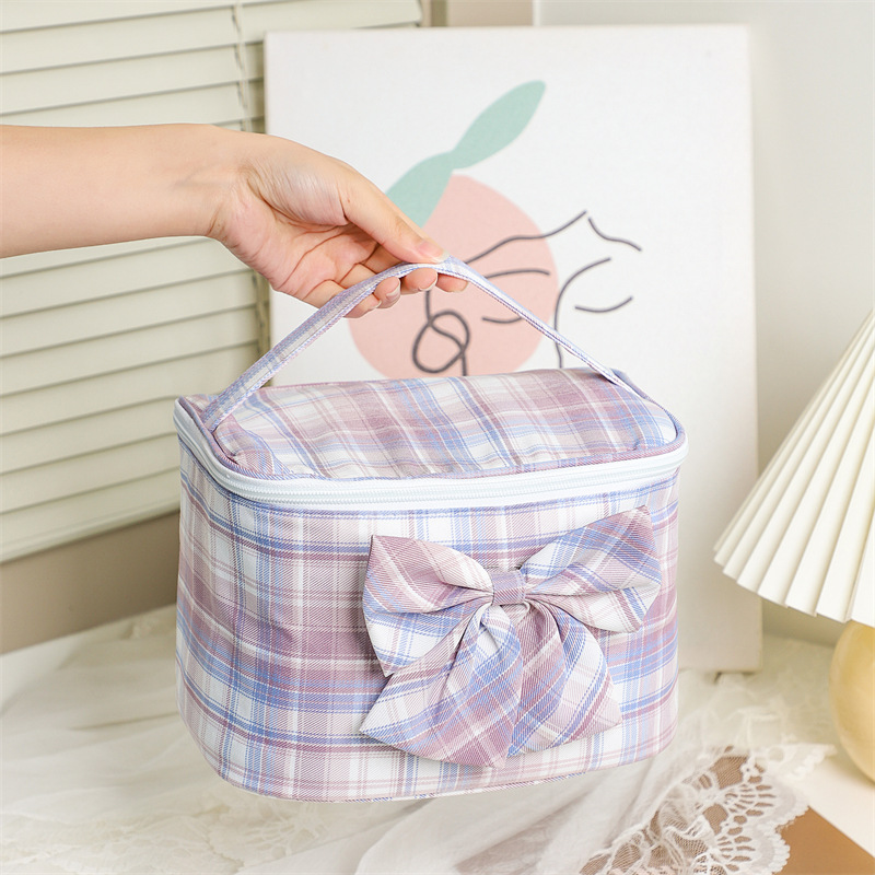 Japan and South Korea Cute Bowknot Portable Large Capacity Cosmetic Bag Multifunctional Makeup Storage Bag JK Plaid Portable Bag