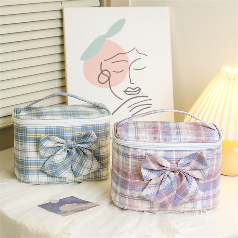 Japan and South Korea Cute Bowknot Portable Large Capacity Cosmetic Bag Multifunctional Makeup Storage Bag JK Plaid Portable Bag
