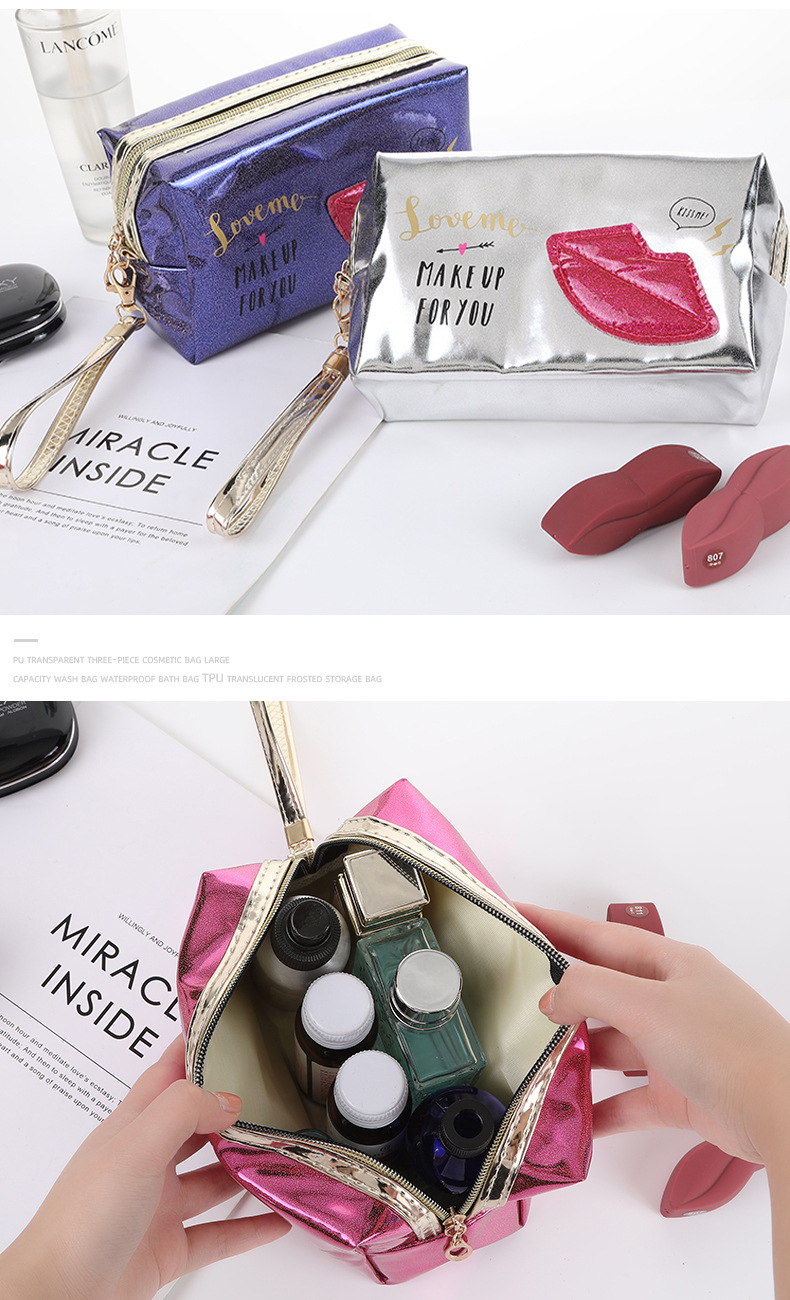 Creative Laser Red Lips Printed Cosmetic Bag Korean Style Graceful and Fashionable Cosmetics Storage Bag Travel Portable Toiletry Bag