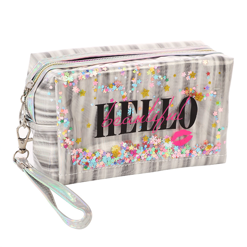 Korean Laser Quicksand Straight Bar Cosmetic Bag Travel Large Capacity PVC Wash Bag Portable Octagonal Storage Bag