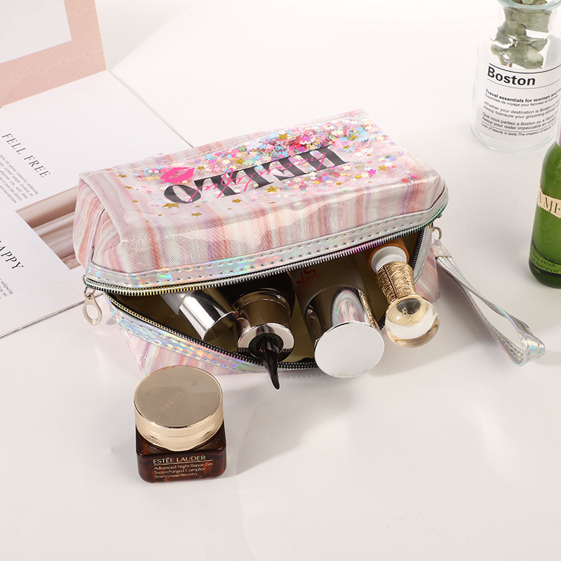 Korean Laser Quicksand Straight Bar Cosmetic Bag Travel Large Capacity PVC Wash Bag Portable Octagonal Storage Bag