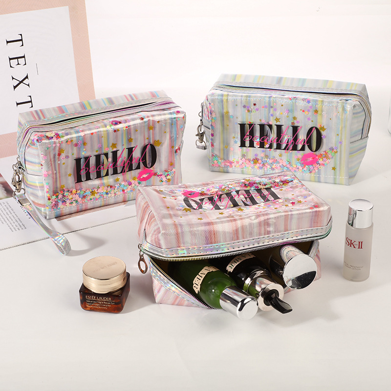 Korean Laser Quicksand Straight Bar Cosmetic Bag Travel Large Capacity PVC Wash Bag Portable Octagonal Storage Bag