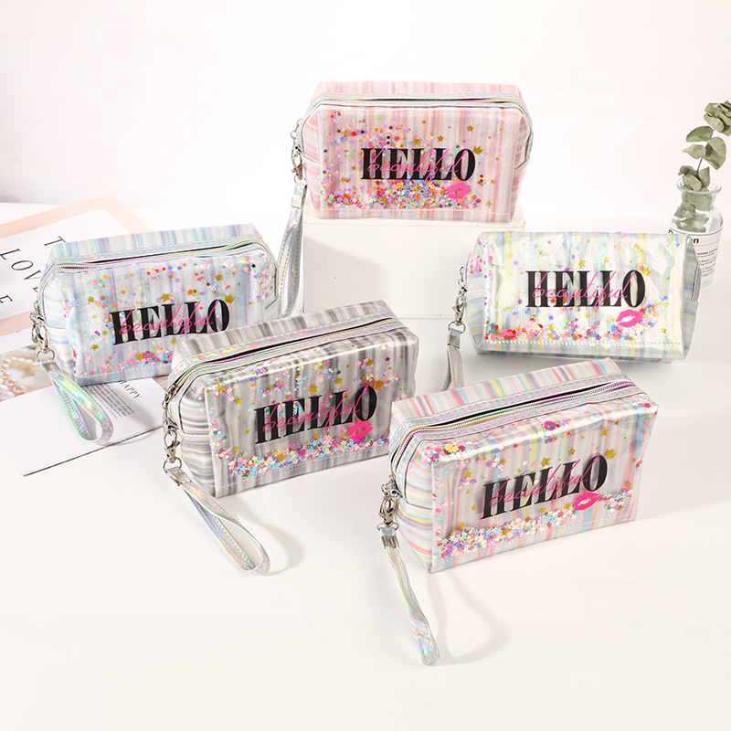 Korean Laser Quicksand Straight Bar Cosmetic Bag Travel Large Capacity PVC Wash Bag Portable Octagonal Storage Bag