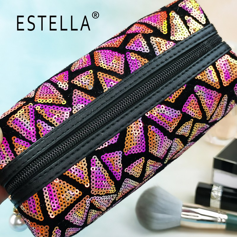 New Square Geometric Pattern Korean Style Octagonal Cosmetic Bag Colorful Sequins Large Capacity Storage Bag Customization