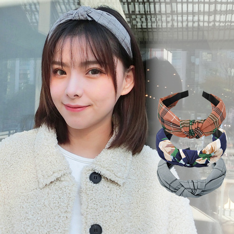 New cloth art wave point hair decoration Korean version of women&#039;s solid color cross print tie stripe wide edge bowknot hair hoops