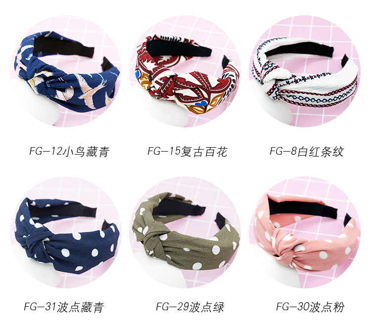 New cloth art wave point hair decoration Korean version of women's solid color cross print tie stripe wide edge bowknot hair hoops New cloth art wave point hair decoration Korean version of women's solid color cross print tie stripe wide edge bowknot hair hoops