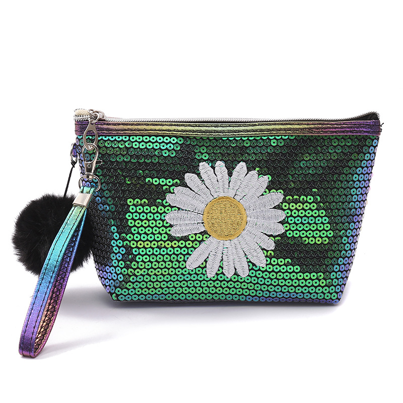 2021 New Sequined Chrysanthemum Flat Bag Portable More than Cosmetic Bag Styles Travel Goods Storage Bag Laser