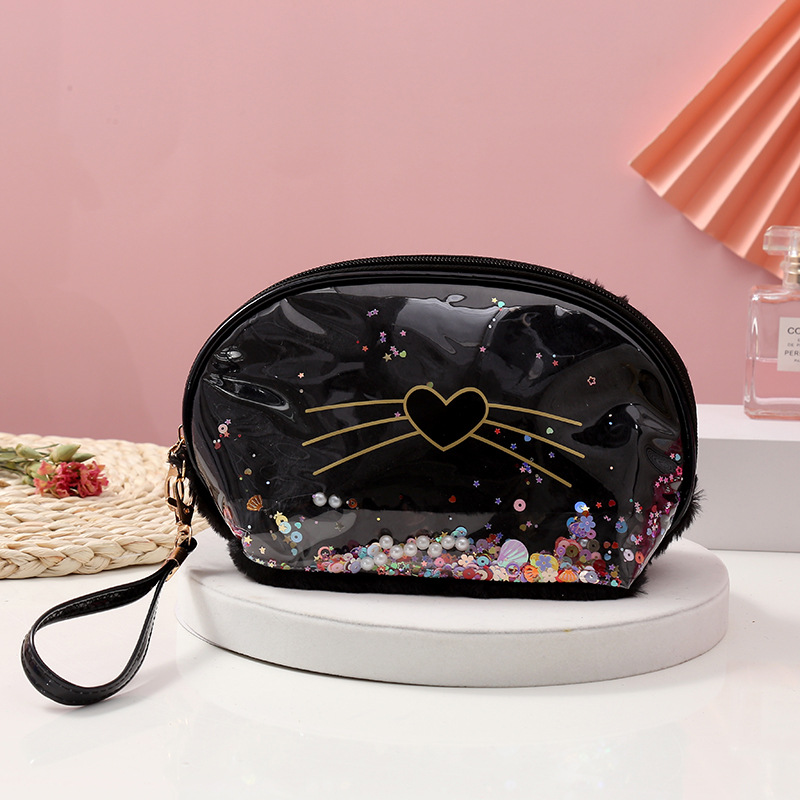 2021 New Pu Cosmetic Bag Cat Travel Toiletry Bag Ins Double-Layer Clutch Translucent Portable Storage Bag