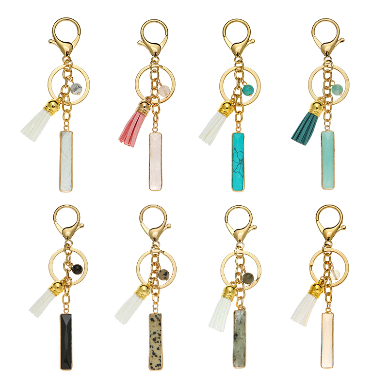 Custom Rectangle Crystal Healing Quartz Stone Pendant Keychain with Leather Tassel Custom Rectangle Crystal Healing Quartz Stone Pendant Keychain with Leather Tassel