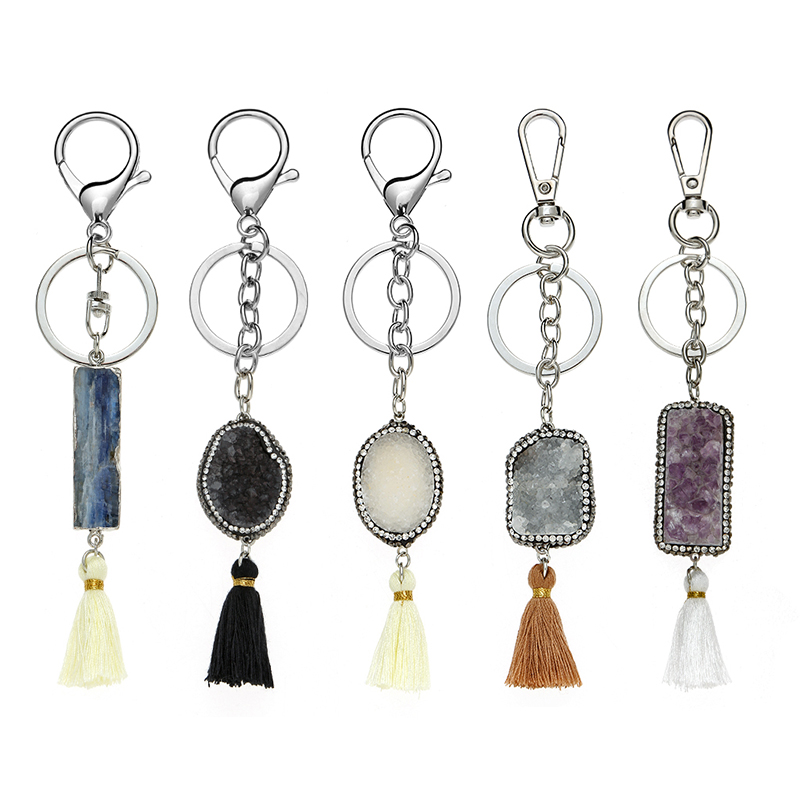 Custom Rectangle Crystal Healing Quartz Stone Pendant Keychain with Leather Tassel Custom Rectangle Crystal Healing Quartz Stone Pendant Keychain with Leather Tassel