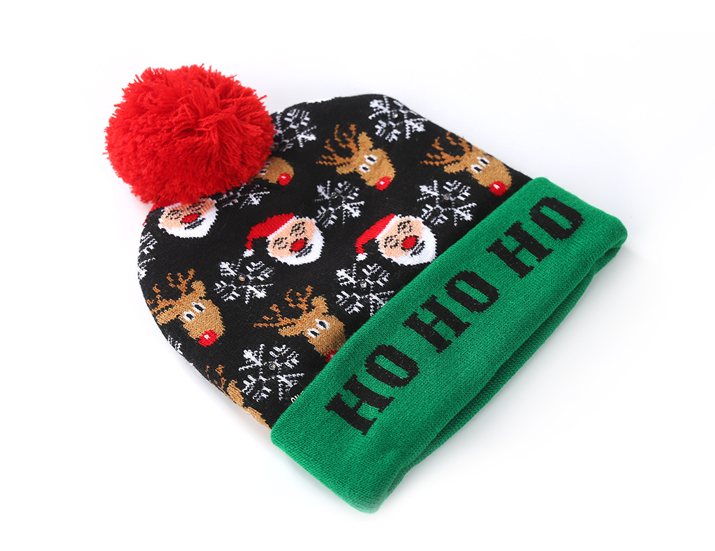Christmas Flanging with Ball Knitted Hat with LED Christmas Hat Colorful Dazzling Light Adult and Children Halloween Decorative Hat Christmas Flanging with Ball Knitted Hat with LED Christmas Hat Colorful Dazzling Light Adult and Children Halloween Decorative Hat