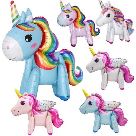 The 3 d assembled standing unicorn scene decorated with large cartoon rainbow horse head aluminum film balloon children &#039;s birthday decoration