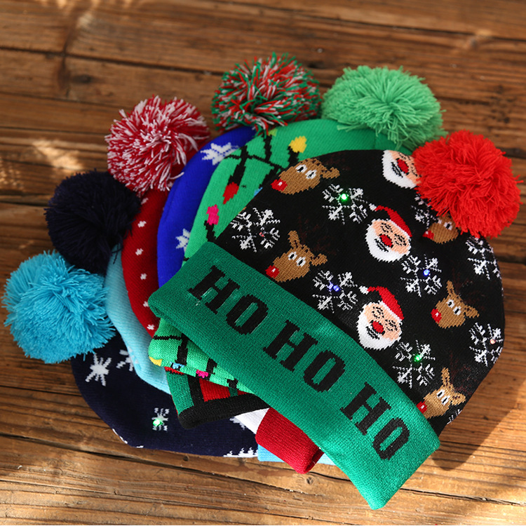 Cross-Border Autumn and Winter Fashion Christmas LED Lights Knitted Hat Colored Lights Party Warm Adult with Ball Hat Wholesale Cross-Border Autumn and Winter Fashion Christmas LED Lights Knitted Hat Colored Lights Party Warm Adult with Ball Hat Wholesale